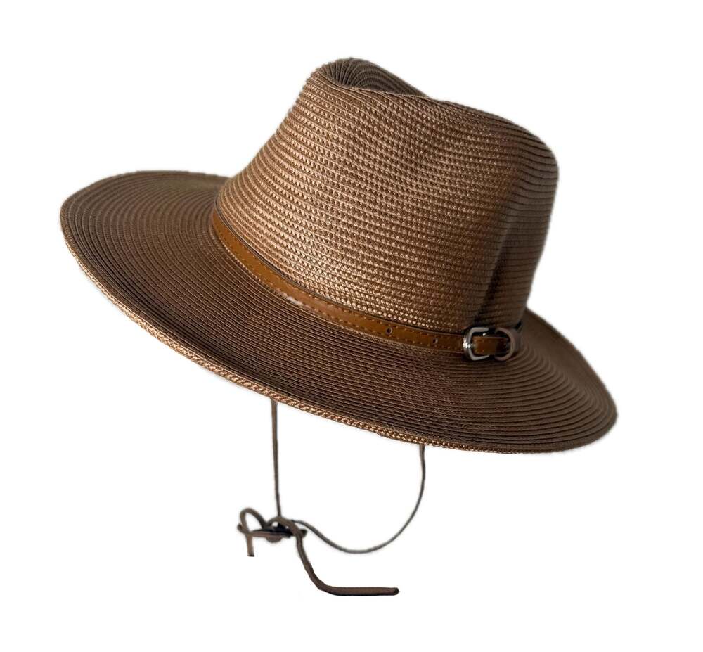 MARA & MERU Brown Wide Brim Straw Safari Fedora Sun Hat with Leather Buckle Band